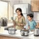 Illustration of an Indian mother and teenage son in a modern kitchen, examining a silicone ladle while surrounded by gadgets like a microwave, air fryer, pressure cooker, and electric kettle.