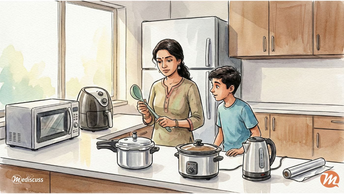 Illustration of an Indian mother and teenage son in a modern kitchen, examining a silicone ladle while surrounded by gadgets like a microwave, air fryer, pressure cooker, and electric kettle.