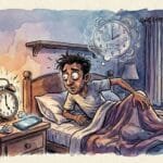 Editorial cartoon showing a stressed night owl waking up at 5 AM with a mismatched internal biological clock.