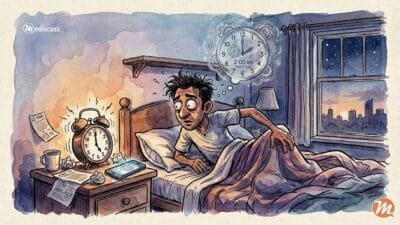 Editorial cartoon showing a stressed night owl waking up at 5 AM with a mismatched internal biological clock.