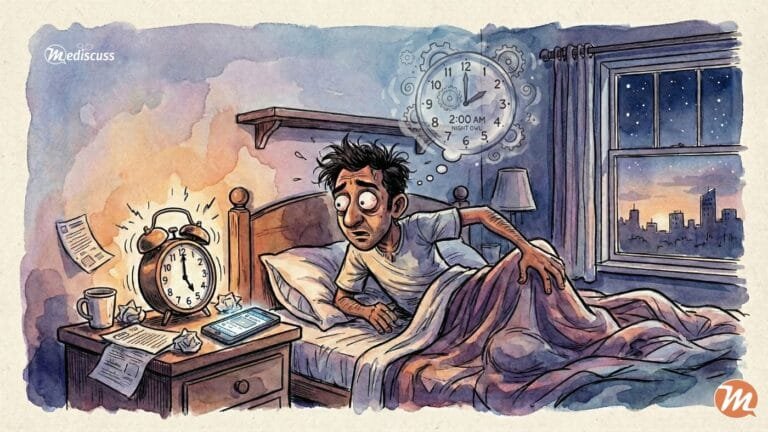 Editorial cartoon showing a stressed night owl waking up at 5 AM with a mismatched internal biological clock.