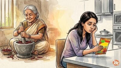 Cartoon illustration contrasting a healthy Indian grandmother pounding fresh spices in a stone mortar versus a tired modern woman reading the label of a processed packet masala.