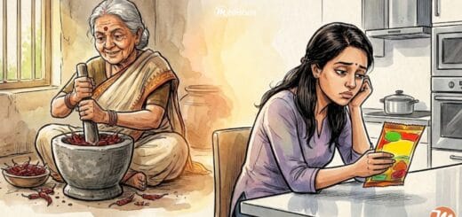 Cartoon illustration contrasting a healthy Indian grandmother pounding fresh spices in a stone mortar versus a tired modern woman reading the label of a processed packet masala.