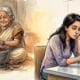 Cartoon illustration contrasting a healthy Indian grandmother pounding fresh spices in a stone mortar versus a tired modern woman reading the label of a processed packet masala.