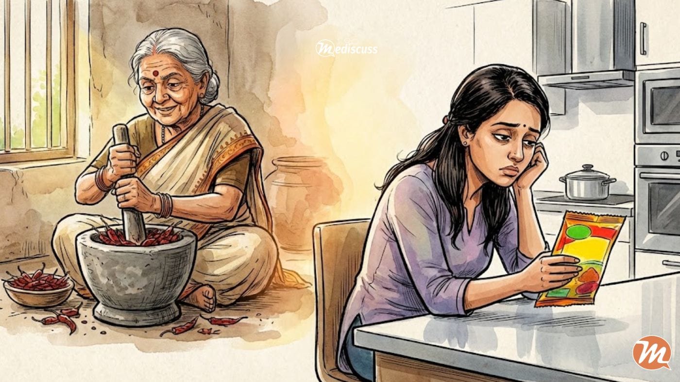 Cartoon illustration contrasting a healthy Indian grandmother pounding fresh spices in a stone mortar versus a tired modern woman reading the label of a processed packet masala.