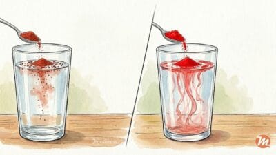 Watercolor illustration demonstrating the water test for spice adulteration. The left glass shows natural powder floating and settling slowly. The right glass shows adulterated powder immediately releasing bright red streaks of artificial dye into the water.