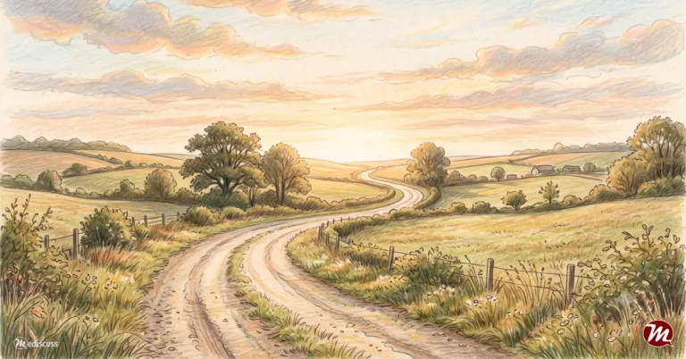 A dirt road curving out of sight through open fields at first light