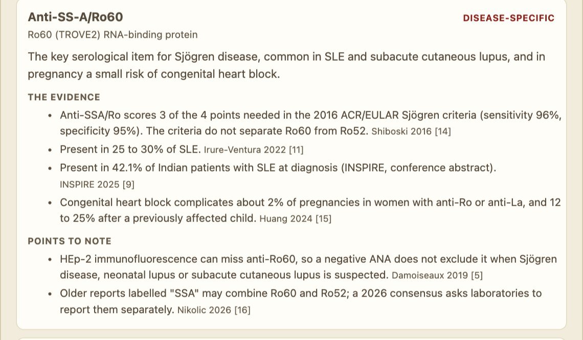 The card for anti-SS-A/Ro60 in the Autoantibody Interpretation Guide, graded disease-specific, with the published figures behind it and points to note