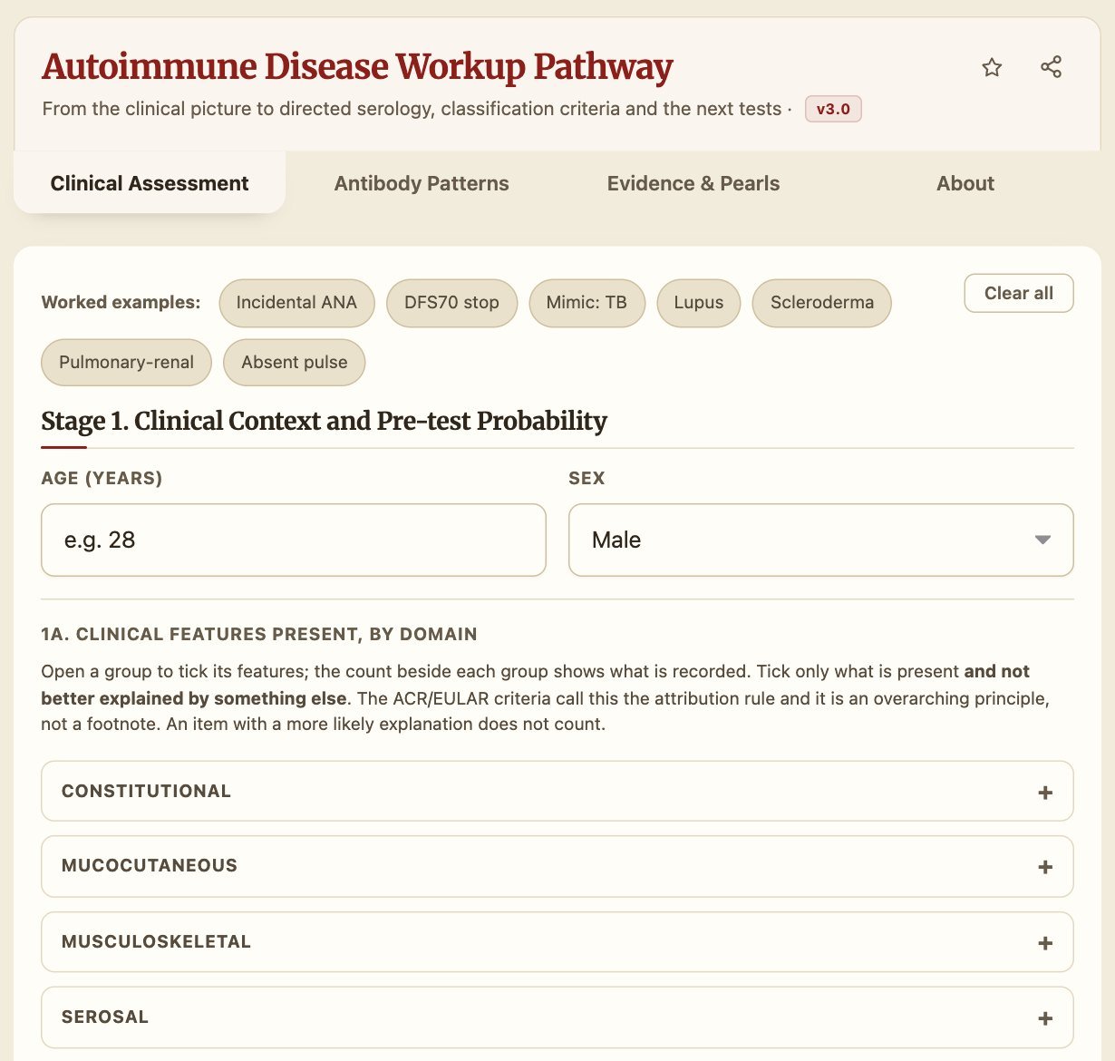The Autoimmune Disease Workup Pathway opened blank, showing the worked-example buttons and Stage 1 with its clinical feature groups