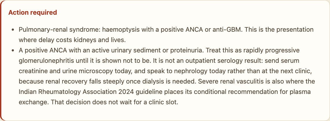 Action Required box for the worked granulomatosis with polyangiitis case, flagging a pulmonary-renal syndrome and a rapidly progressive glomerulonephritis for same-day action
