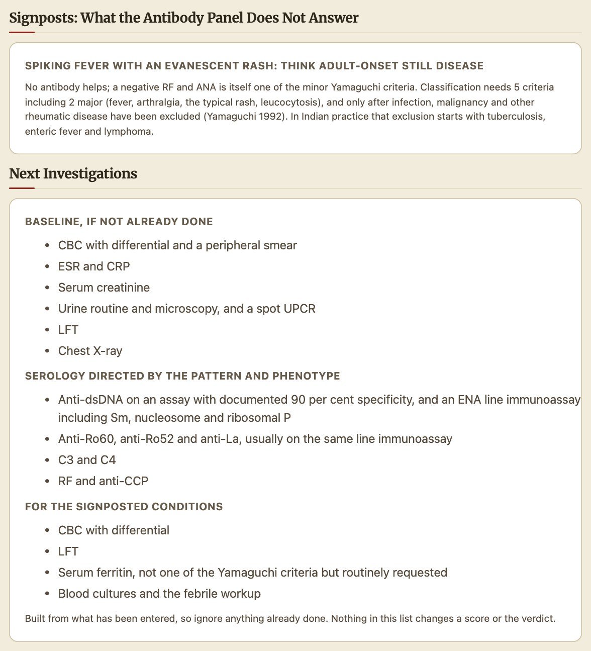 Signpost for adult-onset Still disease and the Next Investigations list for a young woman with fever, arthritis and a low-titre ANA